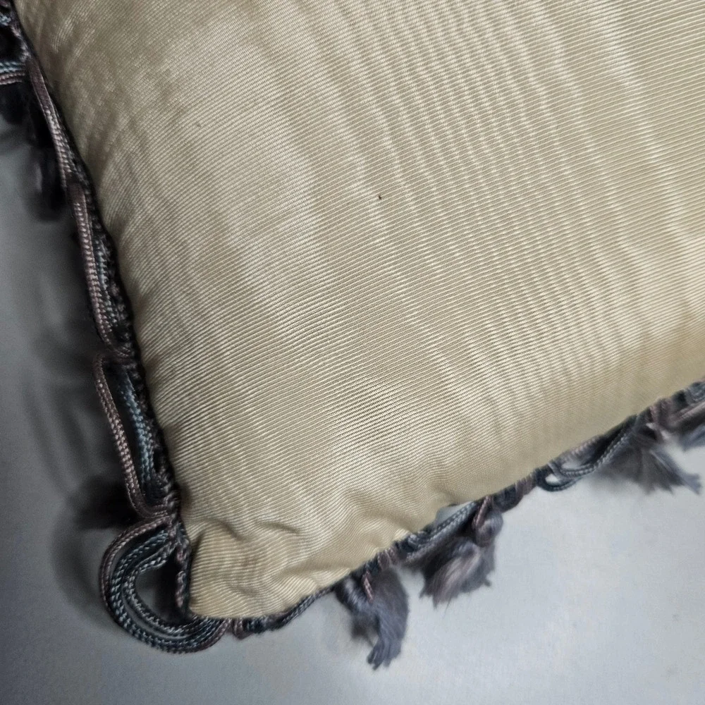Vintage Floral Tapestry Accent Pillow Striped Tassel Trim Grey Cream 12x8